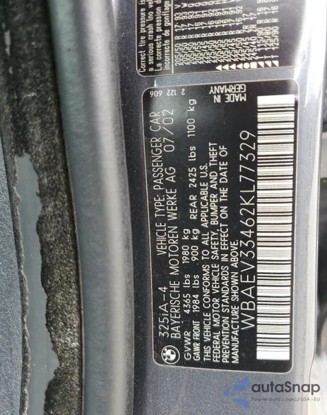 2002 BMW 325 I from USA, damaged, VIN WBAEV33462KL77329